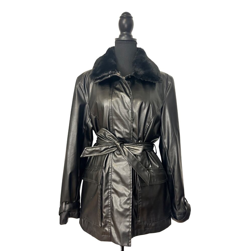 Lee Vegan Leather Belted Jacket with Faux Fur Collar